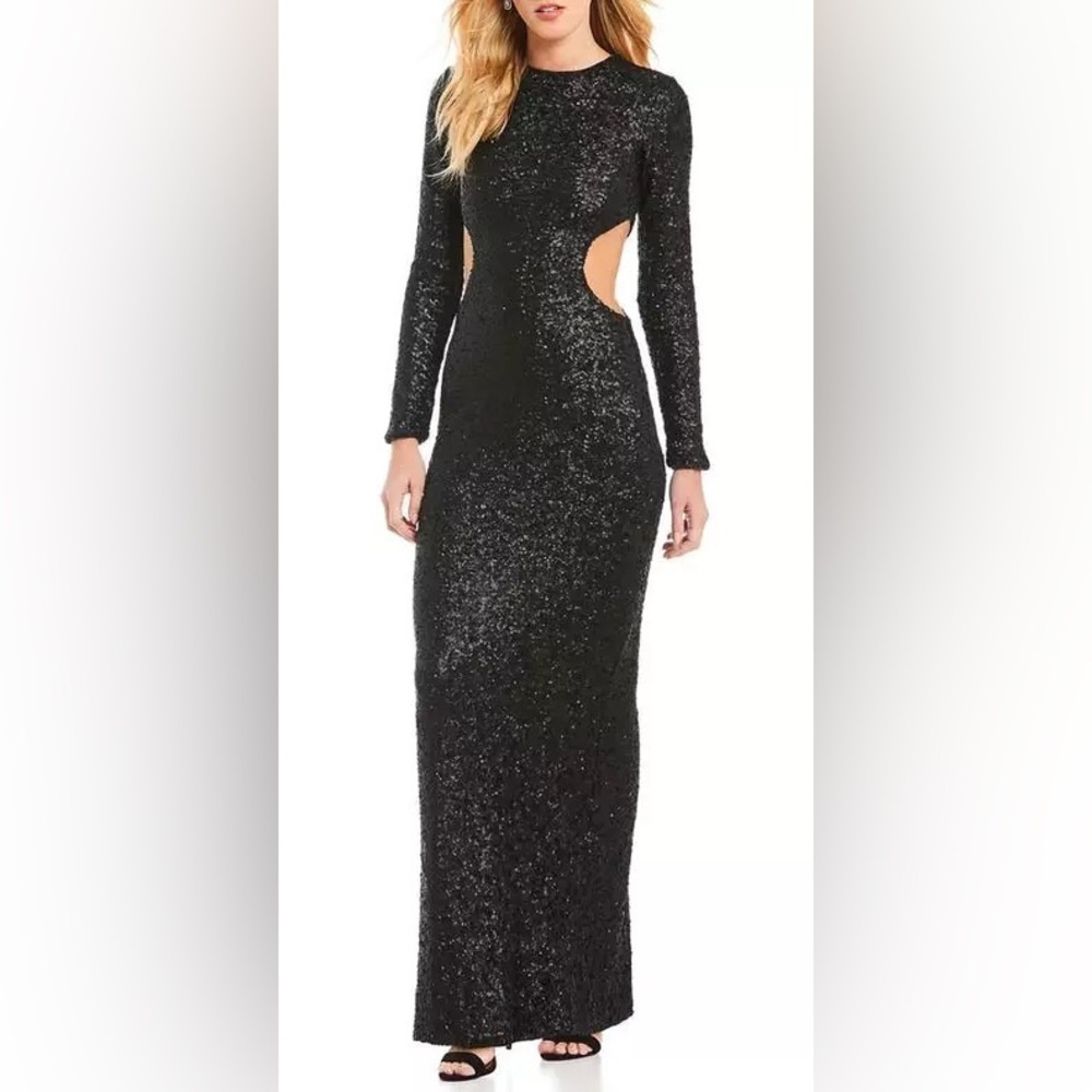 Dress The Population Black Fitted Mesh Cut Out Sequin Gown sz XS